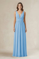 Illusion V - Neck A - Line Ruched Bridesmaid Dress in Steel Blue - KissProm Bridesmaid Dresses