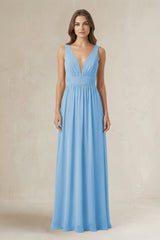 Illusion V - Neck A - Line Ruched Bridesmaid Dress in Steel Blue - KissProm Bridesmaid Dresses