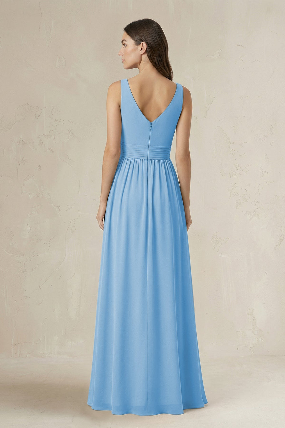 Illusion V - Neck A - Line Ruched Bridesmaid Dress in Steel Blue - KissProm Bridesmaid Dresses