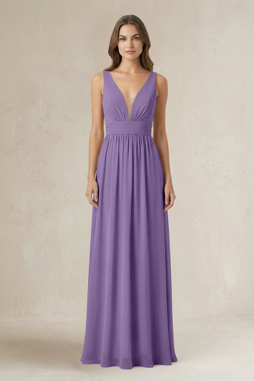 Illusion V - Neck A - Line Ruched Bridesmaid Dress in Tahiti - KissProm Bridesmaid Dresses