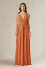 Illusion V - Neck A - Line Ruched Bridesmaid Dress in Terracotta - KissProm Bridesmaid Dresses