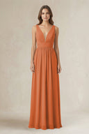 Illusion V - Neck A - Line Ruched Bridesmaid Dress in Terracotta - KissProm Bridesmaid Dresses