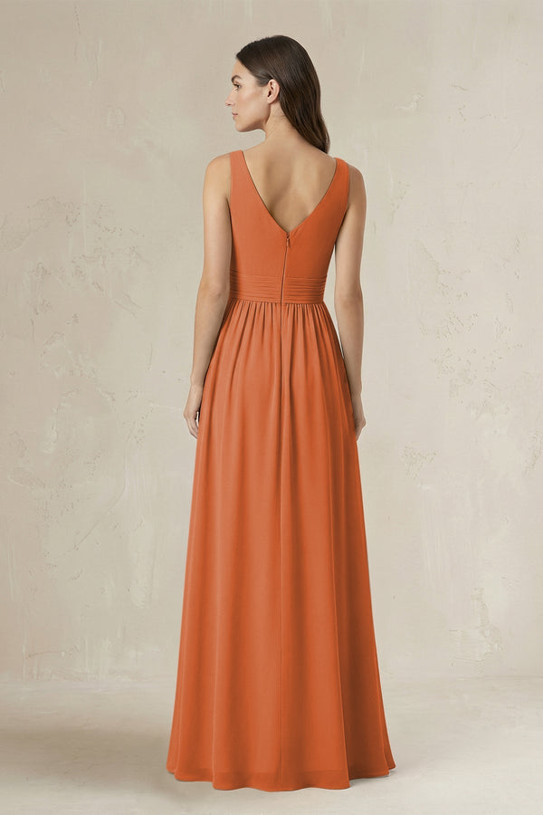 Illusion V - Neck A - Line Ruched Bridesmaid Dress in Terracotta - KissProm Bridesmaid Dresses