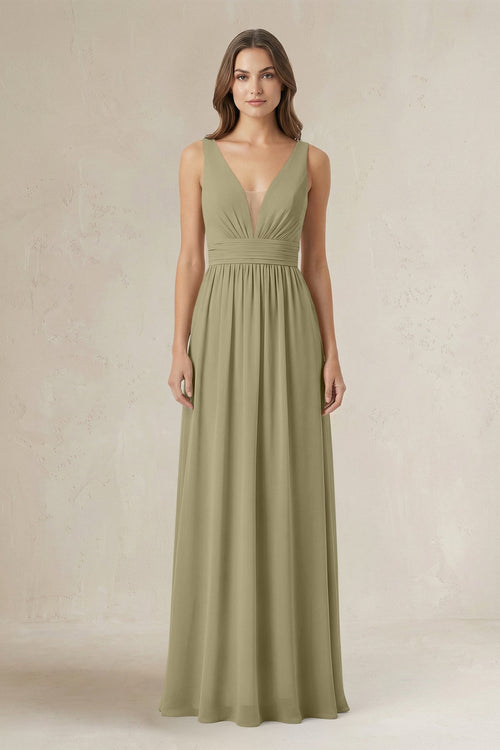 Illusion V - Neck A - Line Ruched Bridesmaid Dress in Thyme - KissProm Bridesmaid Dresses