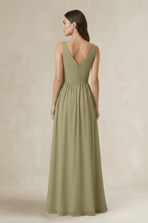 Illusion V - Neck A - Line Ruched Bridesmaid Dress in Thyme - KissProm Bridesmaid Dresses