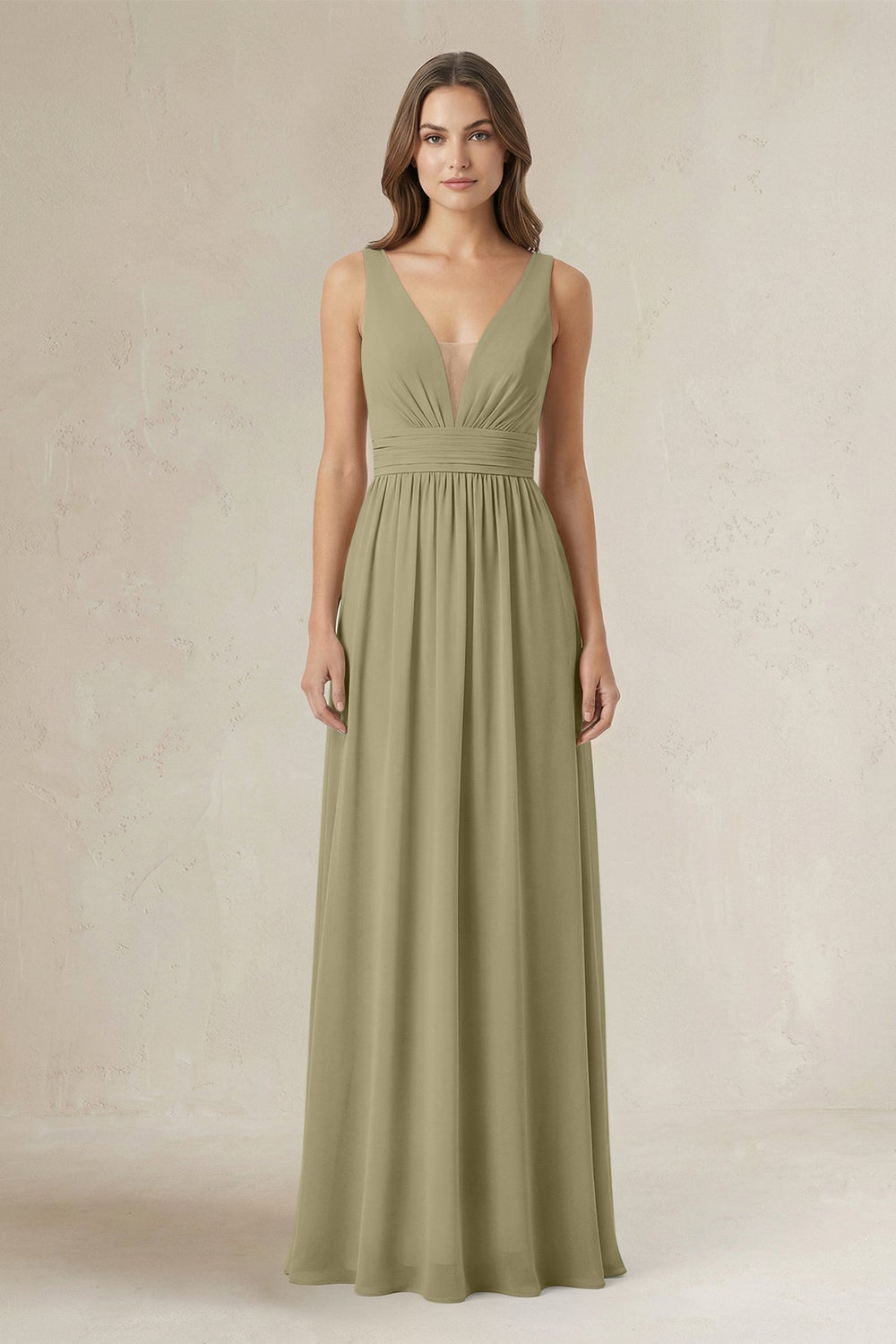 Illusion V - Neck A - Line Ruched Bridesmaid Dress in Thyme - KissProm Bridesmaid Dresses