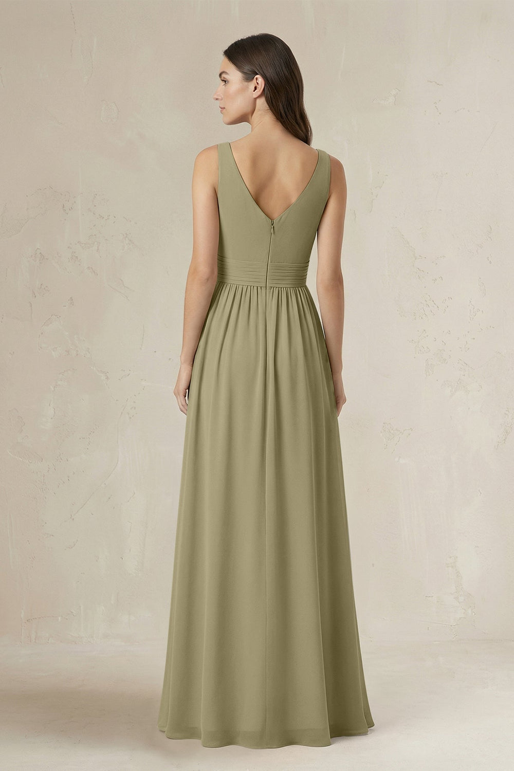 Illusion V - Neck A - Line Ruched Bridesmaid Dress in Thyme - KissProm Bridesmaid Dresses