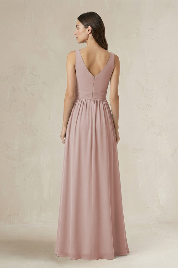 Illusion V - Neck A - Line Ruched Bridesmaid Dress in Toffee - KissProm Bridesmaid Dresses
