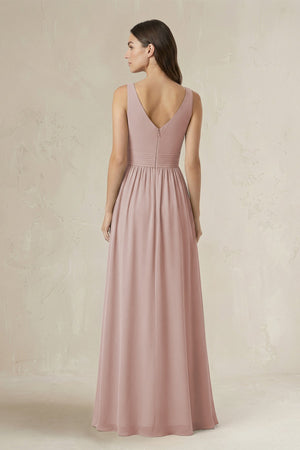 Illusion V - Neck A - Line Ruched Bridesmaid Dress in Toffee - KissProm Bridesmaid Dresses