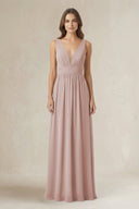 Illusion V - Neck A - Line Ruched Bridesmaid Dress in Toffee - KissProm Bridesmaid Dresses