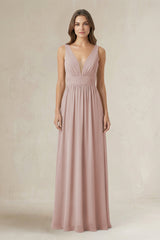 Illusion V - Neck A - Line Ruched Bridesmaid Dress in Toffee - KissProm Bridesmaid Dresses