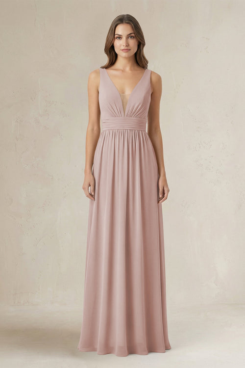 Illusion V - Neck A - Line Ruched Bridesmaid Dress in Toffee - KissProm Bridesmaid Dresses