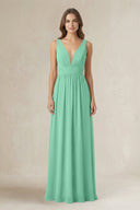 Illusion V - Neck A - Line Ruched Bridesmaid Dress in Turquoise - KissProm Bridesmaid Dresses
