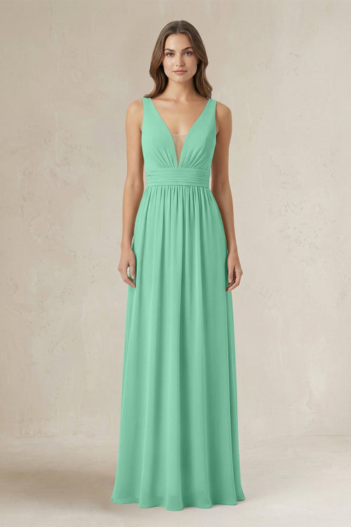 Illusion V - Neck A - Line Ruched Bridesmaid Dress in Turquoise - KissProm Bridesmaid Dresses