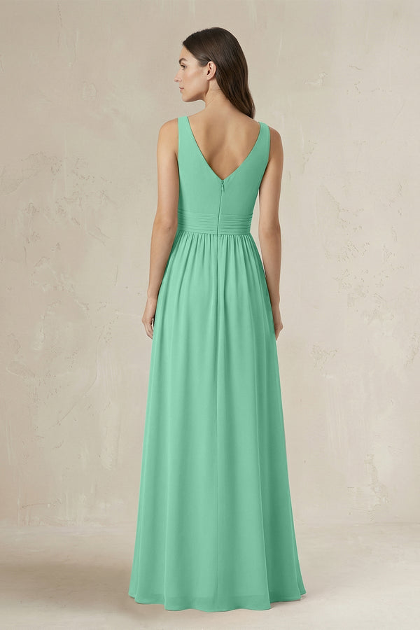 Illusion V - Neck A - Line Ruched Bridesmaid Dress in Turquoise - KissProm Bridesmaid Dresses