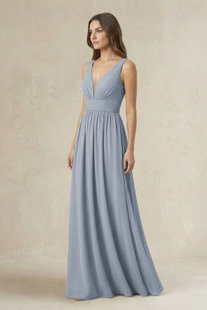 Illusion V - Neck A - Line Ruched Bridesmaid Dress in Twilight - KissProm Bridesmaid Dresses