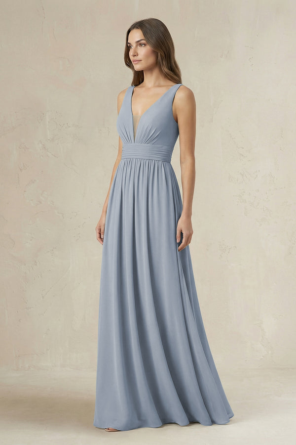 Illusion V - Neck A - Line Ruched Bridesmaid Dress in Twilight - KissProm Bridesmaid Dresses