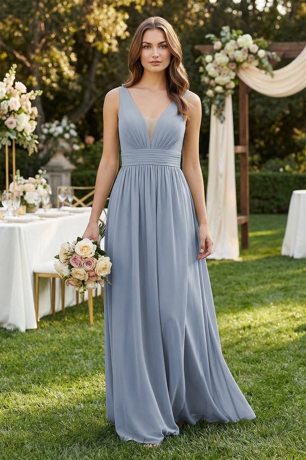 Illusion V - Neck A - Line Ruched Bridesmaid Dress in Twilight - KissProm Bridesmaid Dresses