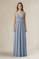Illusion V - Neck A - Line Ruched Bridesmaid Dress in Twilight - KissProm Bridesmaid Dresses