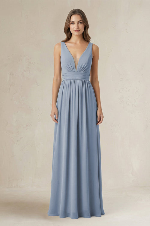 Illusion V - Neck A - Line Ruched Bridesmaid Dress in Twilight - KissProm Bridesmaid Dresses