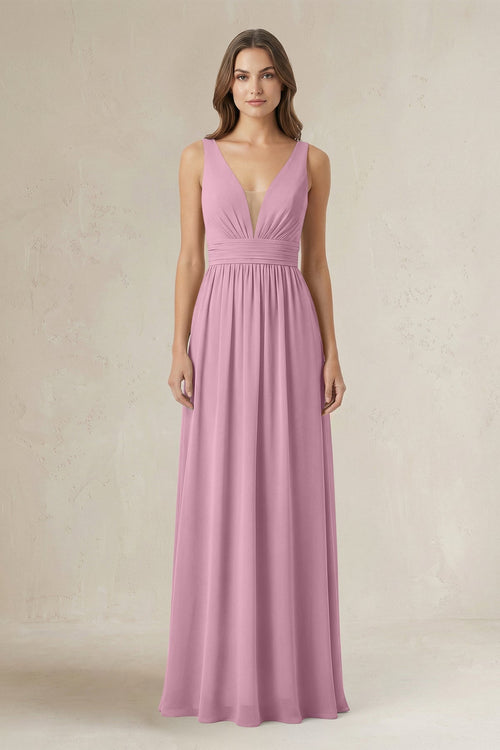 Illusion V - Neck A - Line Ruched Bridesmaid Dress in Vintage Mauve - KissProm Bridesmaid Dresses