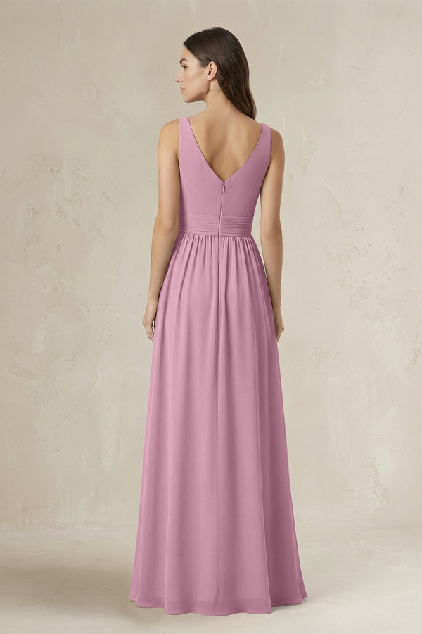 Illusion V - Neck A - Line Ruched Bridesmaid Dress in Vintage Mauve - KissProm Bridesmaid Dresses