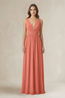 Illusion V - Neck A - Line Ruched Bridesmaid Dress in Wild Rose - KissProm Bridesmaid Dresses