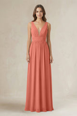 Illusion V - Neck A - Line Ruched Bridesmaid Dress in Wild Rose - KissProm Bridesmaid Dresses