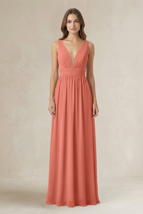 Illusion V - Neck A - Line Ruched Bridesmaid Dress in Wild Rose - KissProm Bridesmaid Dresses