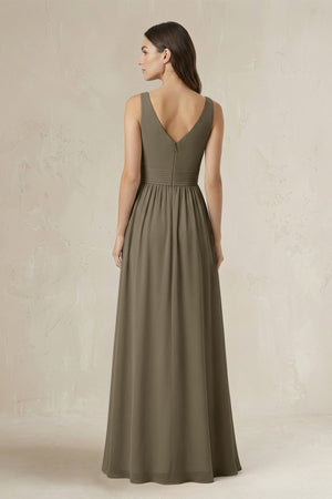Illusion V - Neck A - Line Ruched Bridesmaid Dress in Willow Green - KissProm Bridesmaid Dresses