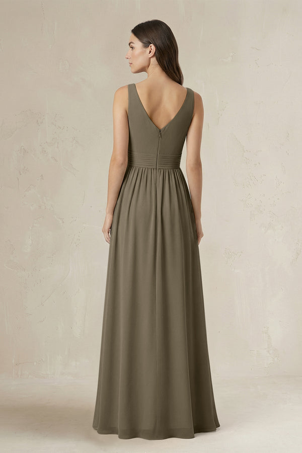 Illusion V - Neck A - Line Ruched Bridesmaid Dress in Willow Green - KissProm Bridesmaid Dresses