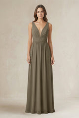 Illusion V - Neck A - Line Ruched Bridesmaid Dress in Willow Green - KissProm Bridesmaid Dresses