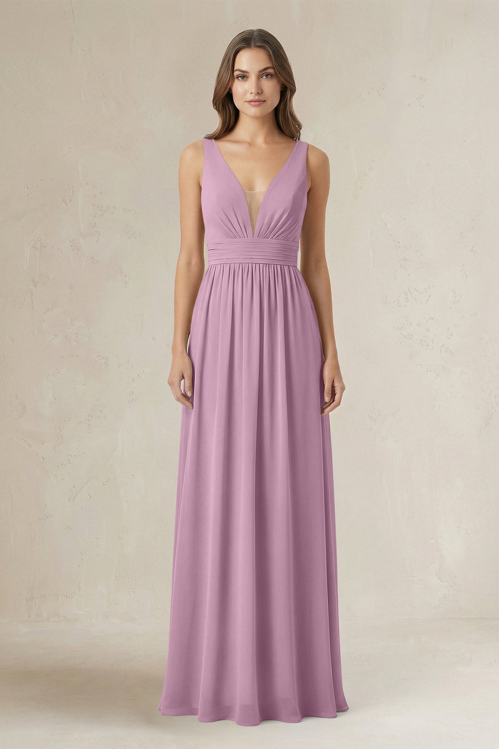 Illusion V - Neck A - Line Ruched Bridesmaid Dress in Wisteria - KissProm Bridesmaid Dresses