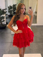 Ilsa | Red - Strapless A Line Chiffon Ruffled Cocktail Dresses With Bow