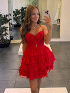 Ilsa | Red - Strapless A Line Chiffon Ruffled Cocktail Dresses With Bow