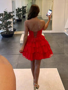 Ilsa | Red - Strapless A Line Chiffon Ruffled Cocktail Dresses With Bow