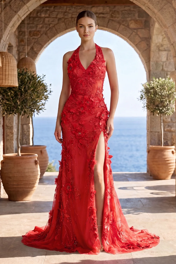 Sage Halter Sequined Sheath Long Prom Dresses With Floral Appliques