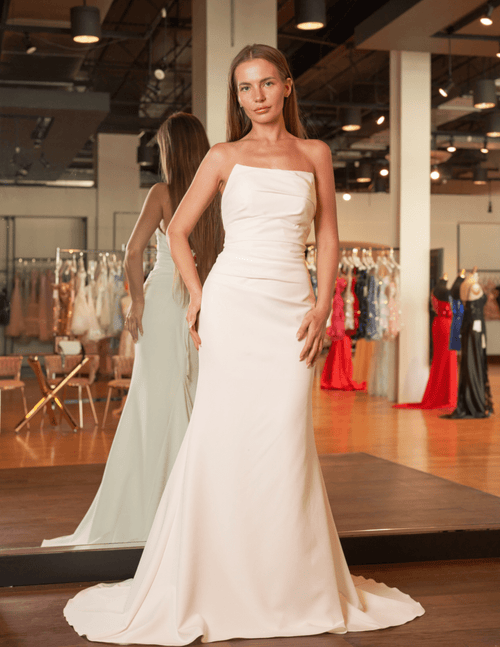 Elegant Mermaid Strapless Elastic Satin Wedding Dresses with Train - KissProm