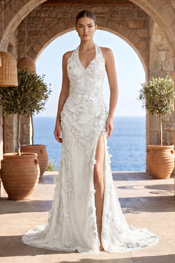 Sage Halter Sequined Sheath Long Prom Dresses With Floral Appliques