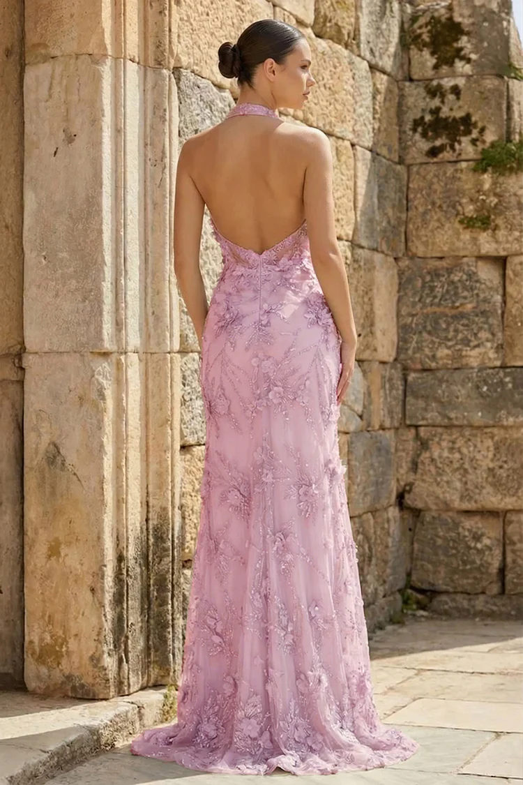 Sage Sheath Halter Sequined Long Prom Dresses With Floral Appliques Lavender / 8
