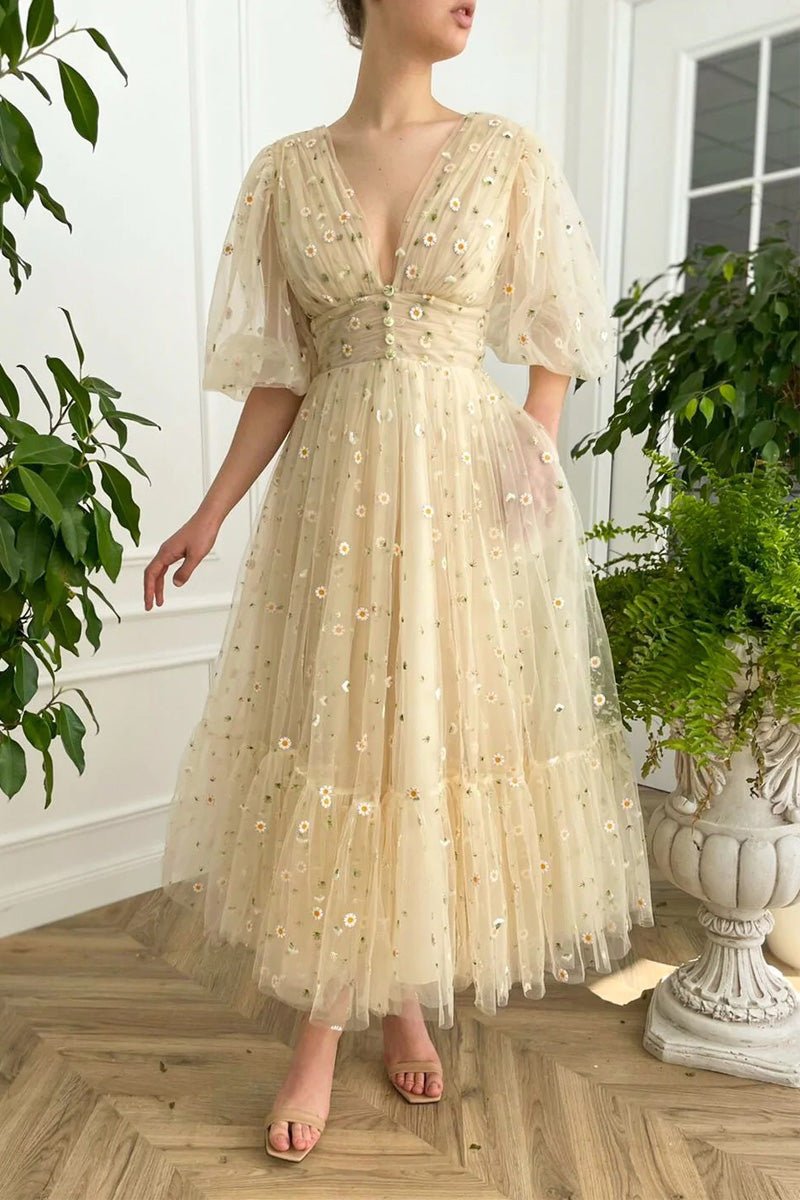Elliott | A-line V Neck Sea of Daisies Dress Engagement Ankle Length Half Sleeve High Neck Tulle with Buttons Pleats