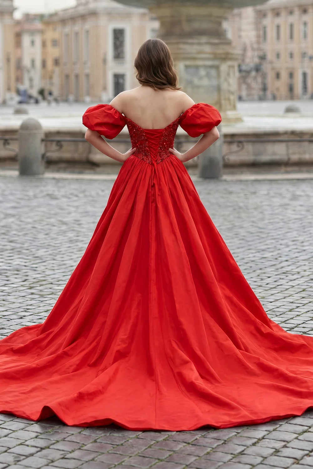 A-Line Off The Shoulder Taffeta Prom Dress With Short Puffy Sleeves