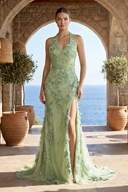 Sage Halter Sequined Sheath Long Prom Dresses With Floral Appliques
