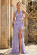 Sage Sheath Halter Sequined Long Prom Dresses With Floral Appliques