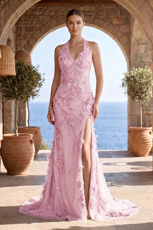 Sage Halter Sequined Sheath Long Prom Dresses With Floral Appliques