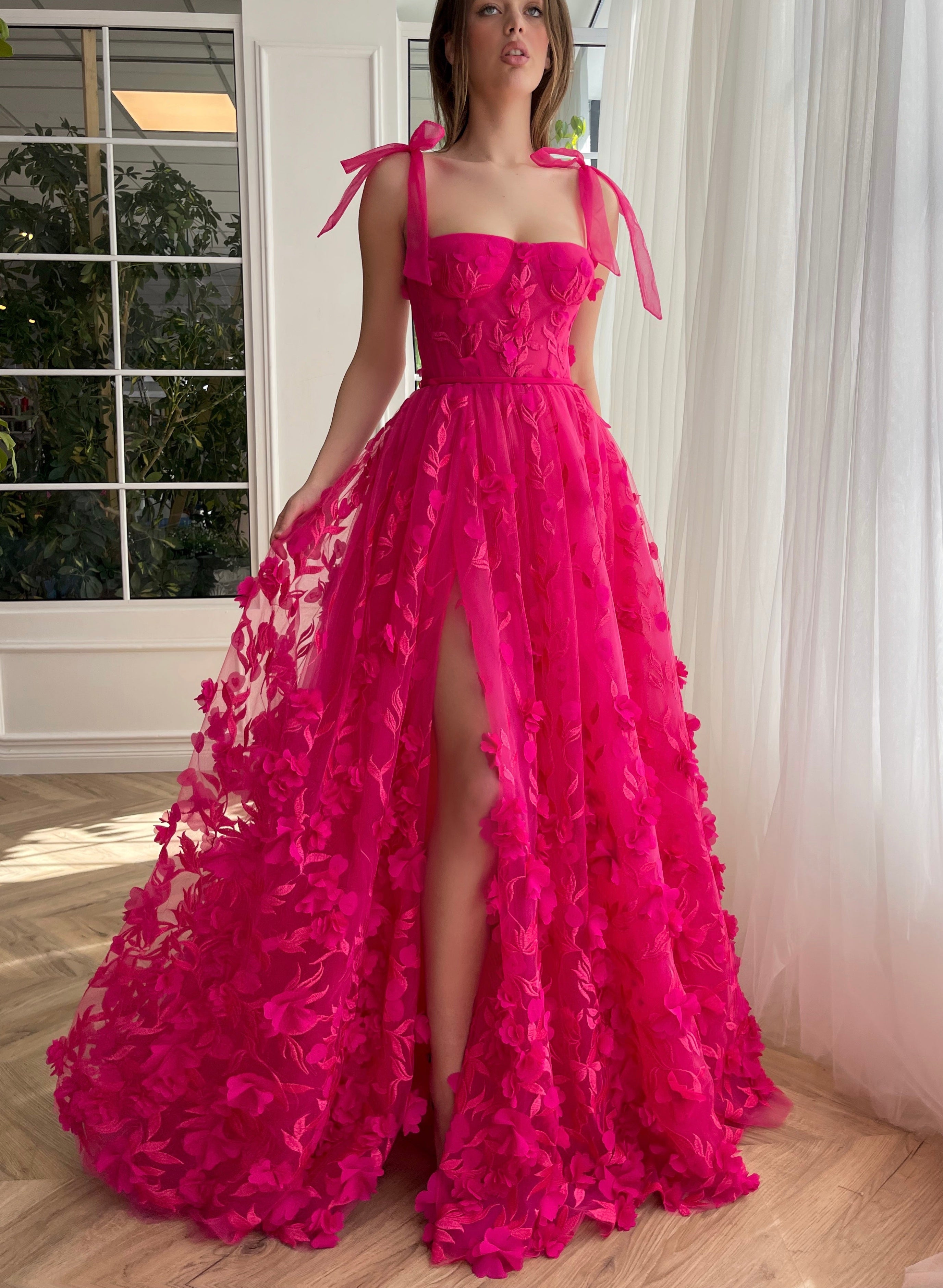 Kayleigh | Fuchsia Elegant A-line 3D Flower Lace Prom Dress With Slit