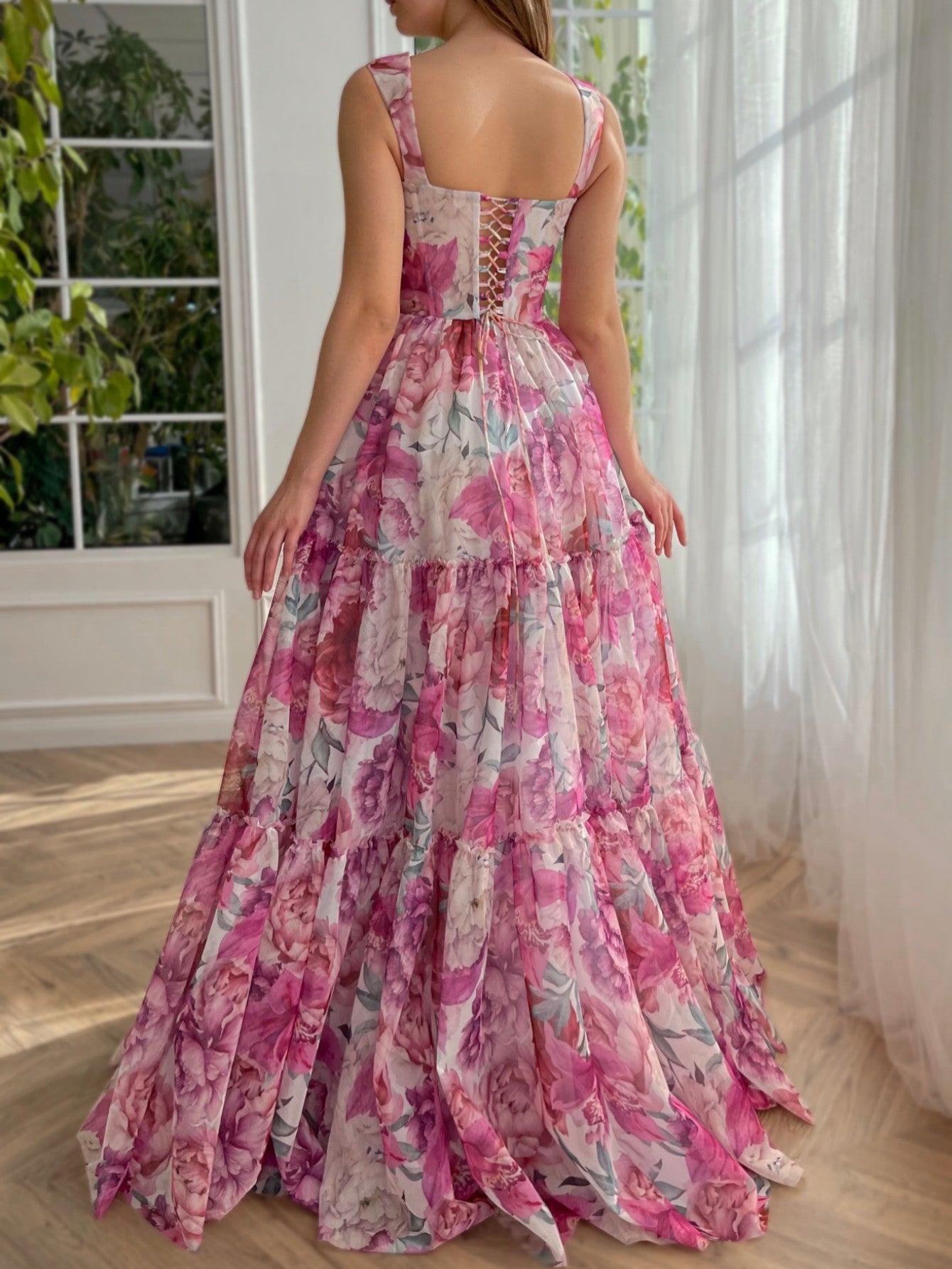 A Line Floral Pink Long Prom Dress
