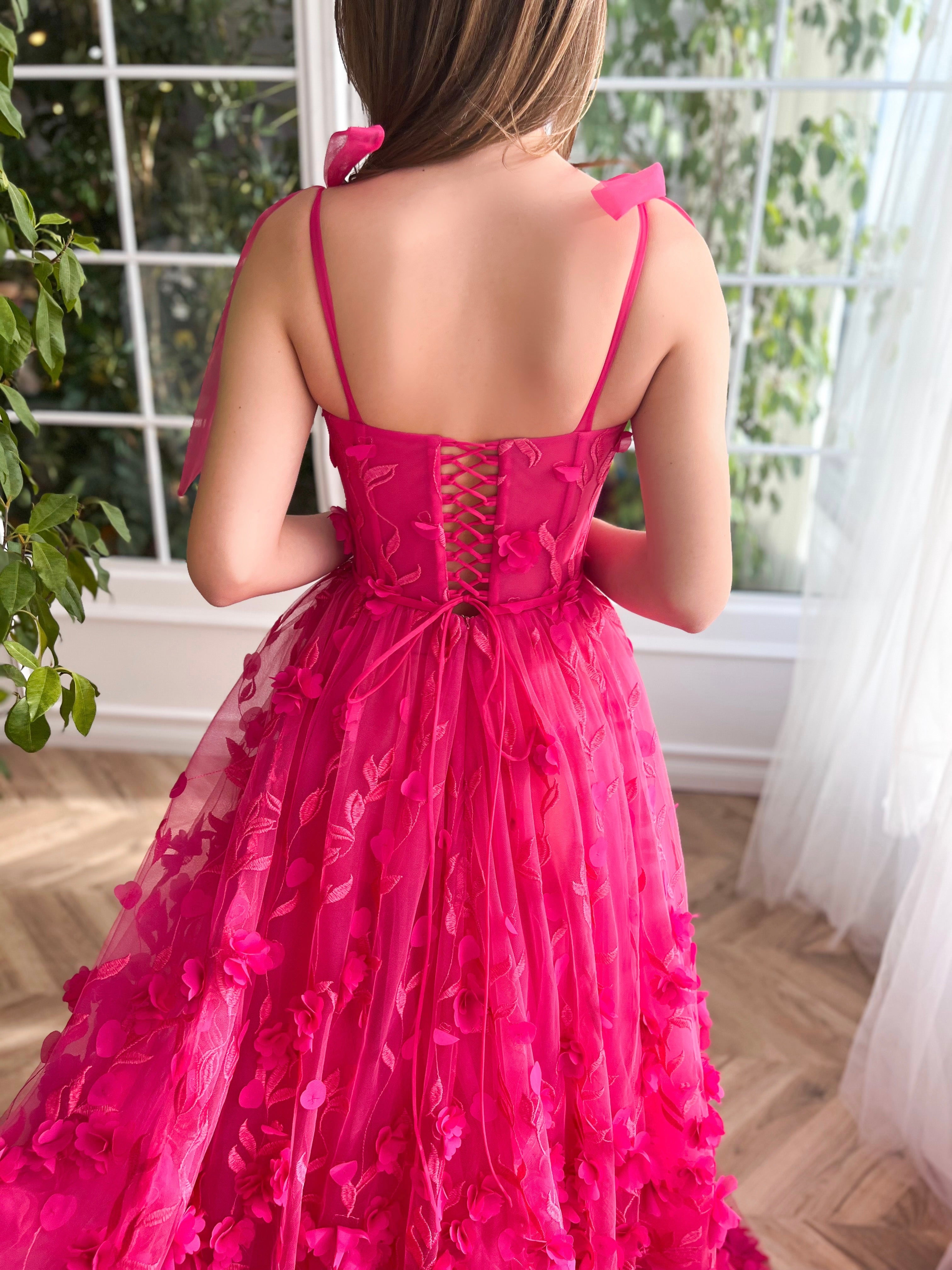 Kayleigh | Fuchsia Elegant A-line 3D Flower Lace Prom Dress With Slit