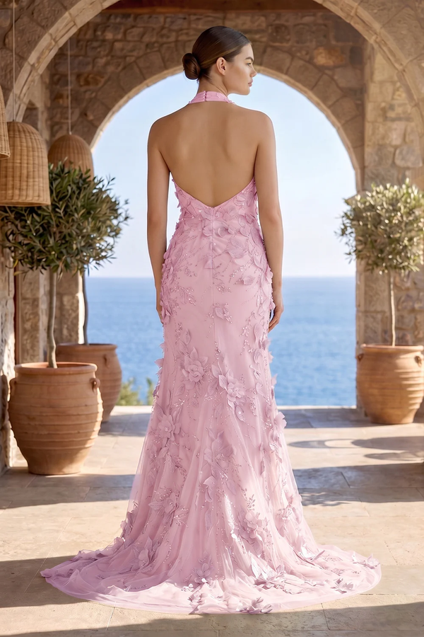Sage Halter Sequined Sheath Long Prom Dresses With Floral Appliques