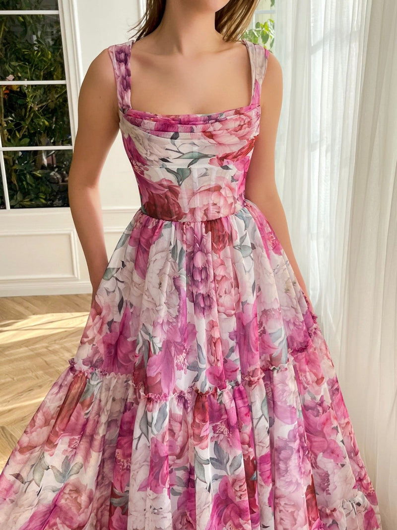 a-line pink long prom dress , unique prom dress